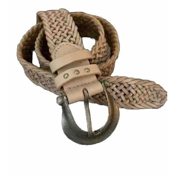 FREE PEOPLE Sz M/L We The Free Light Brown Woven Buff Leather Brix Belt - Picture 1 of 9